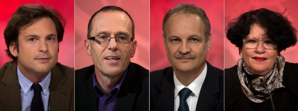 Quatre candidats à l'exécutif de la ville de Genève, de gauche à droite; Guillaume Barazzone, PDC, Didier Bonny, hors parti, Eric Bertinat, UDC, et Salika Wenger, Parti du Travail.