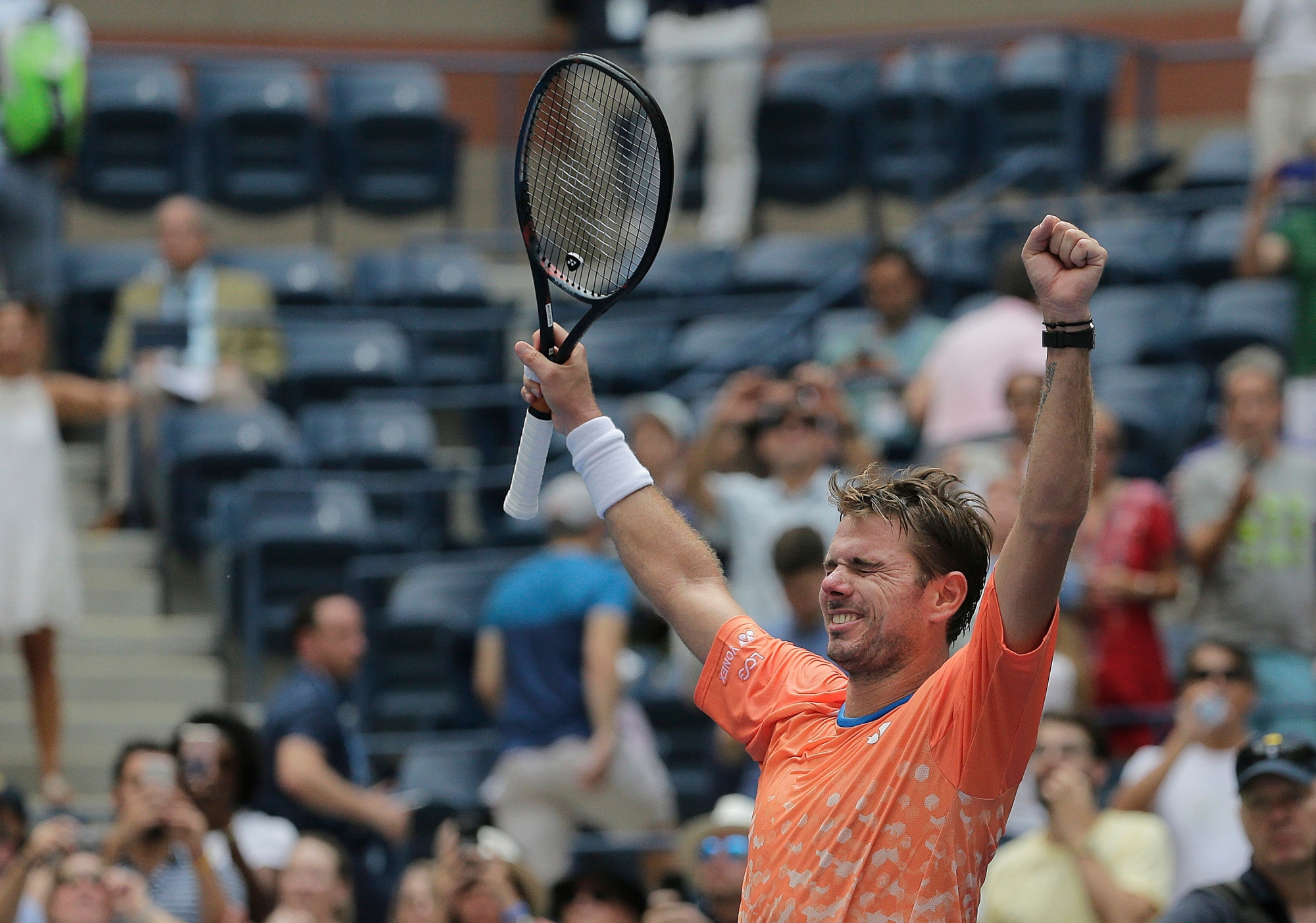 Stan Wawrinka, of Switzerland, reacts after defeating Grigor Dimitrov, of Bulgaria, during the first round of the U.S. Open tennis tournament, Monday, Aug. 27, 2018, in New York. (AP Photo/Seth Wenig) US Open Tennis