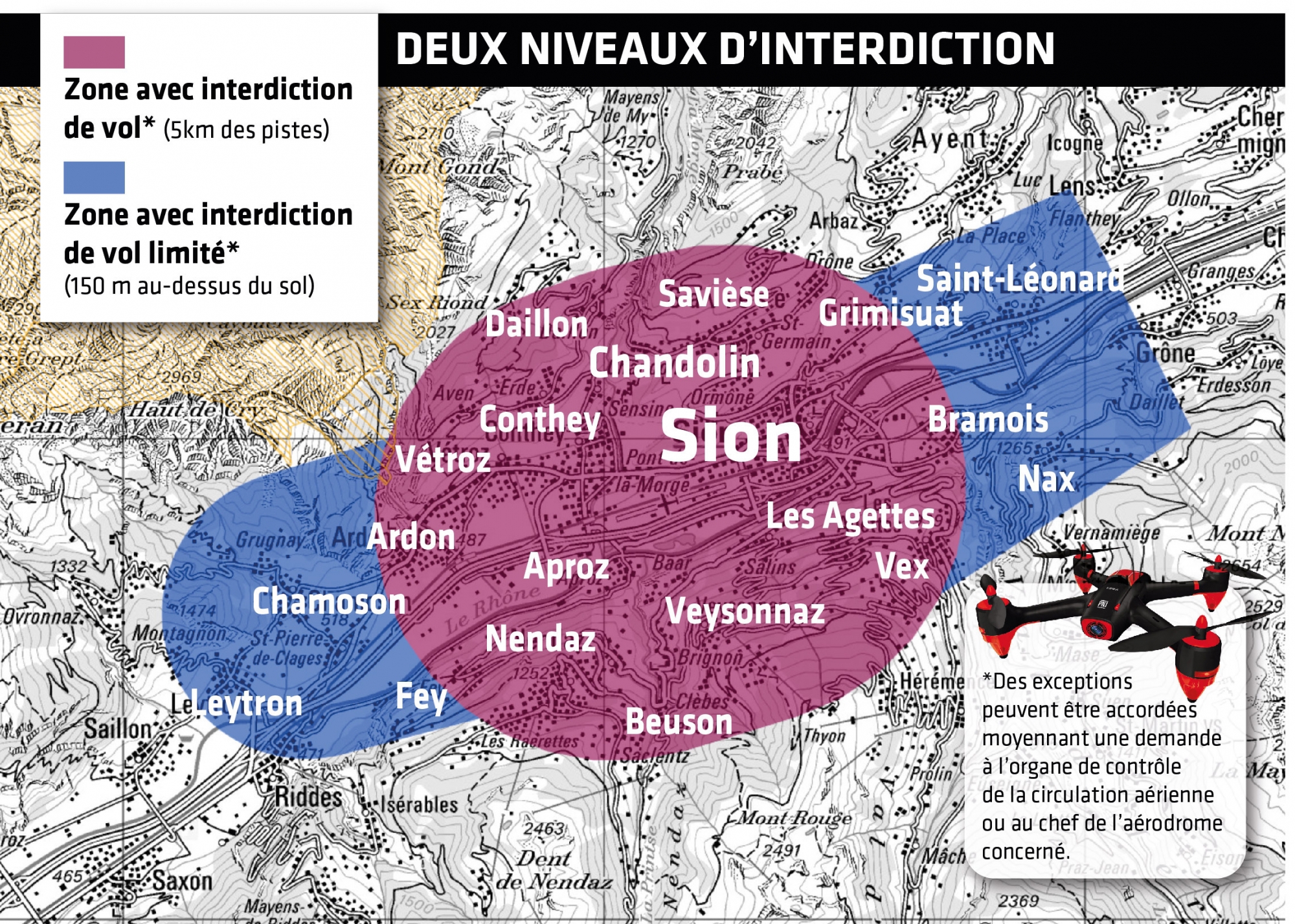 La zone de l'aéroport de Sion, avec la partie rouge totalement interdite aux drones, et la bleue, autorisée en-dessous de 150 mètres du sol.