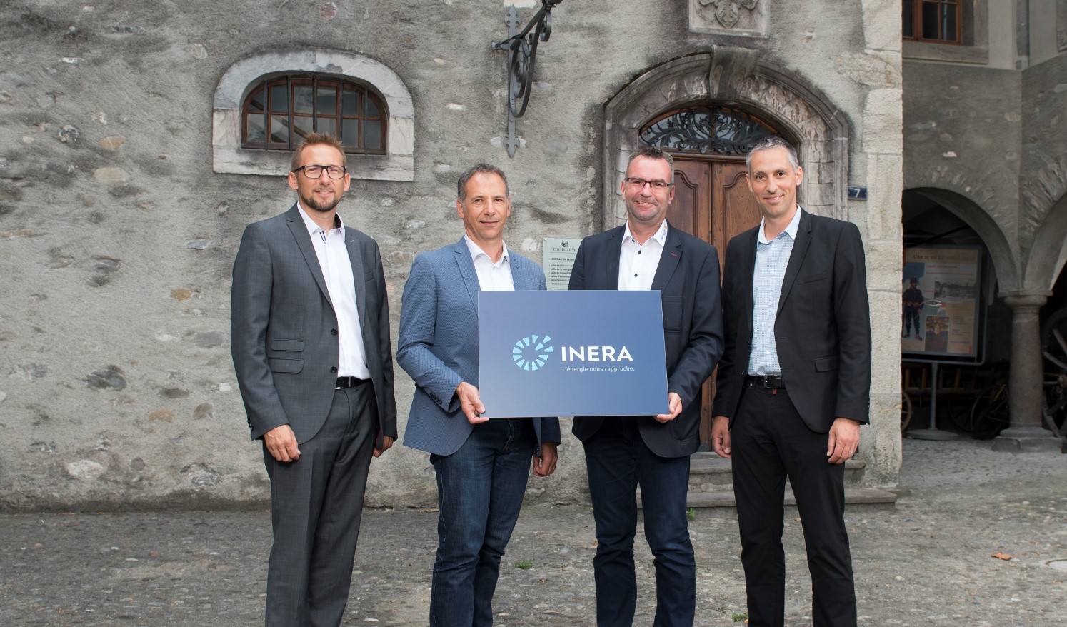 Les directeurs opérationnels des quatre sociétés - Olivier Studer (SI Fully), Joël Di Natale (ALTIS), Philippe Délèze (SEIC-Télédis) et Samuel Claret (SED2) réunis autour de la nouvelle société INERA. 