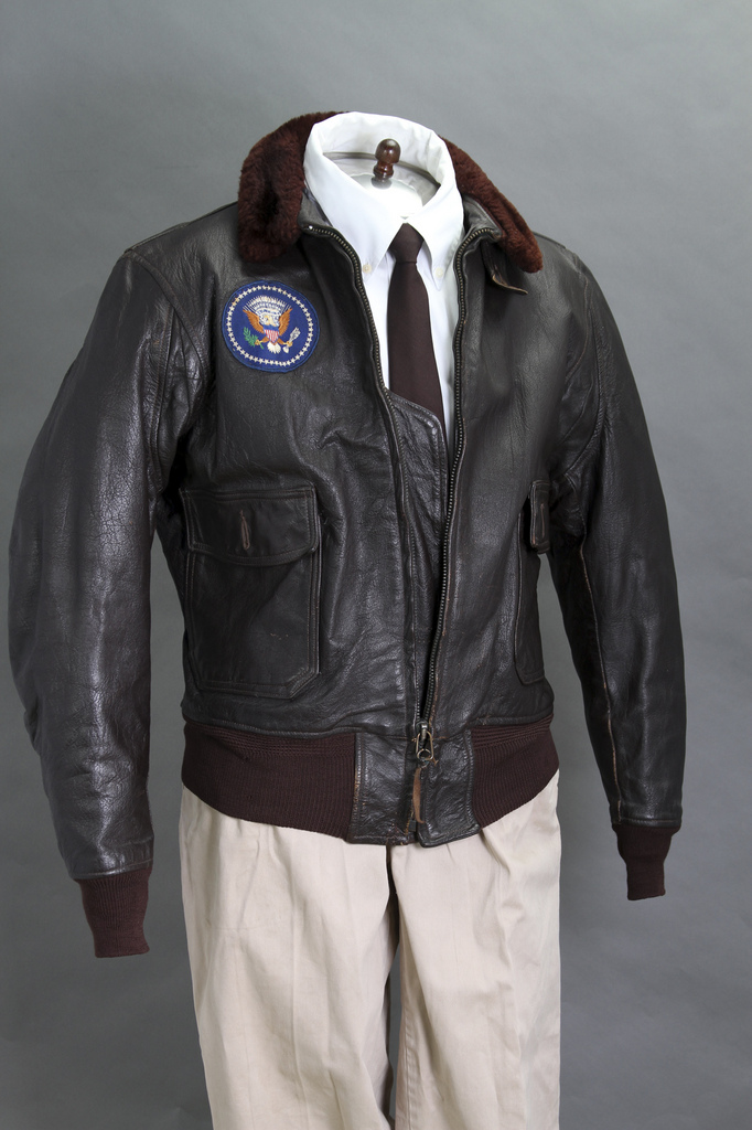 This 2012 photo provided by John McInnis Auctioneers in Amesbury, Mass., shows late President John F. Kennedy's Air Force One leather bomber jacket, which is among items to be auctioned Sunday, Feb. 17, 2013.  The family of David Powers, a former special assistant to President John F. Kennedy, is auctioning hundreds of photographs, documents, gifts and other memorabilia that once belonged to the late president. (AP Photo/John McInnis Auctioneers, Matthew Bourgeois)