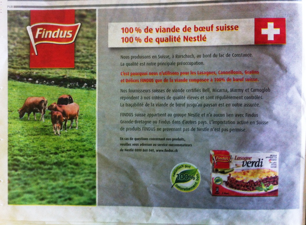 Dans sa publicité, parue mardi dans les quotidiens romands, Findus Suisse assure que la viande est composée à 100% de boeuf suisse.