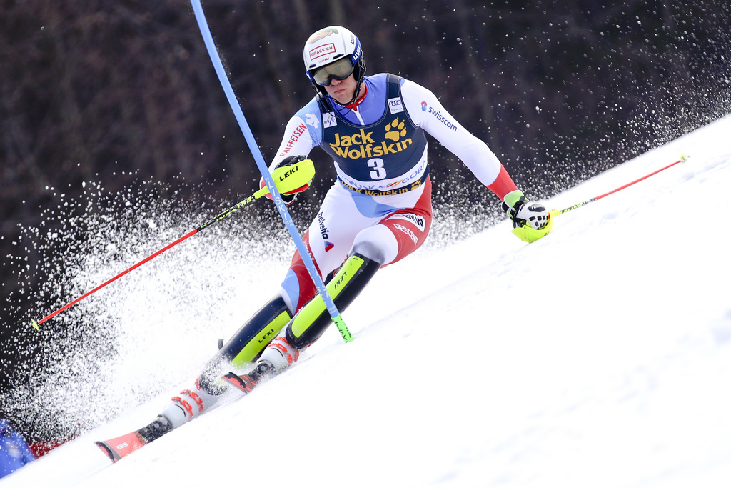 Switzerland's Ramon Zenhaeusern speeds down the course during an Alpine Skiing World Cup men's slalom, in Kranjska Gora, Slovenia, Sunday, March. 10, 2019. (AP Photo/Marco Trovati)