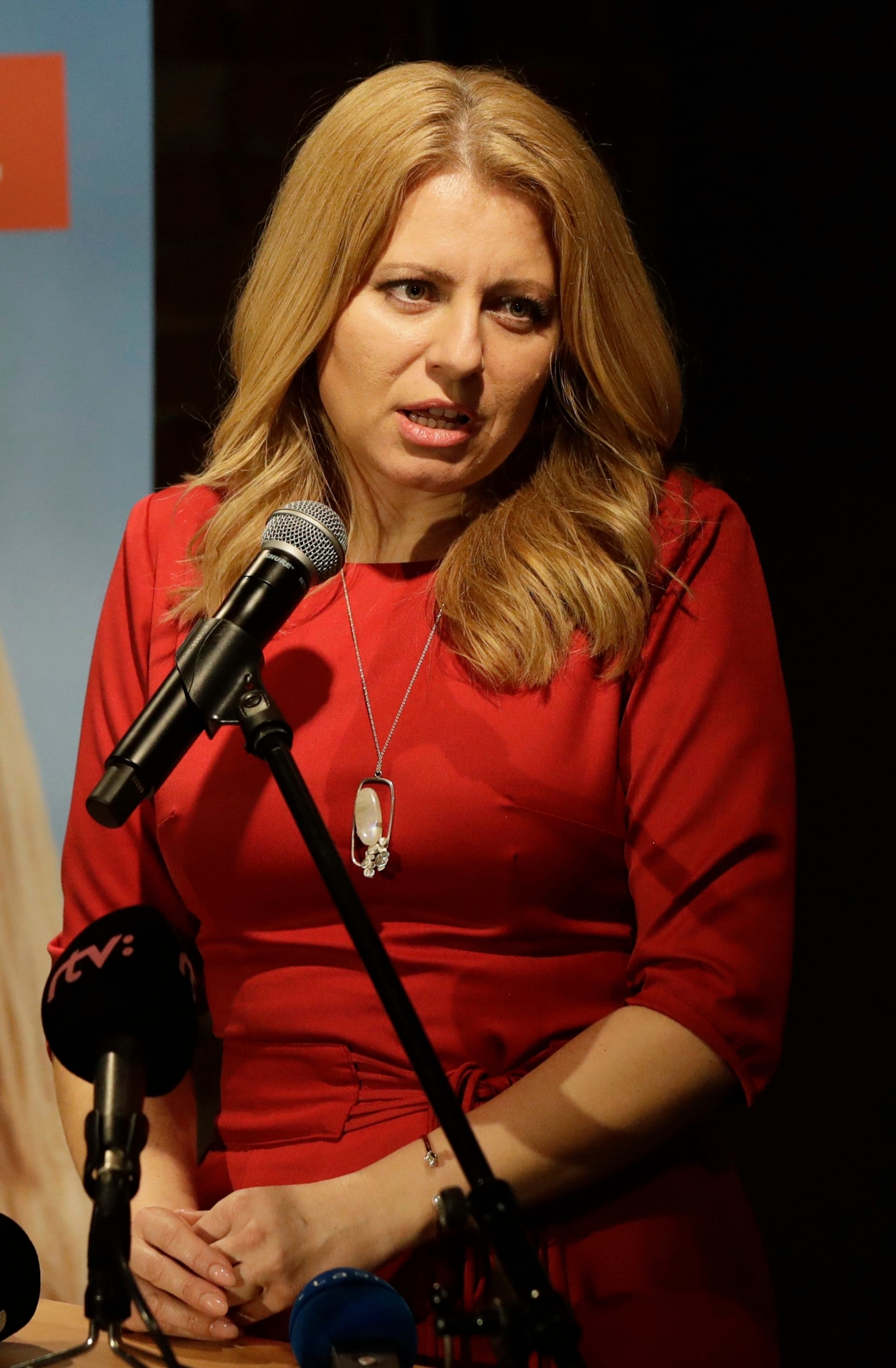 Presidential candidate Zuzana Caputova addresses media after the announcement of the first preliminary results of the first round of the presidential election in Bratislava, Slovakia, Saturday, March 16, 2019. (AP Photo/Petr David Josek) Slovakia Presidential Election