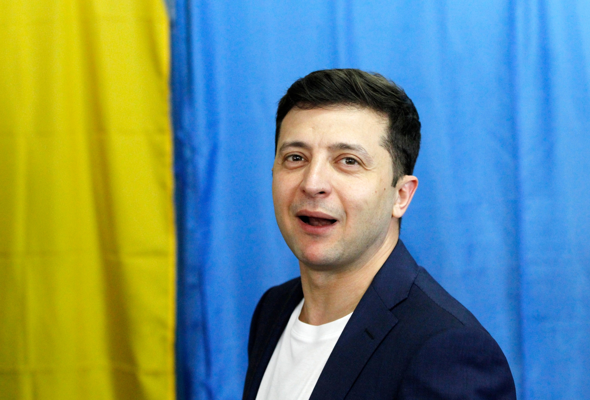 epa07519351 Ukrainian Presidential candidate Volodymyr Zelensky reacts at a polling station during Presidential elections in Kiev, Ukraine, 21 April 2019. Ukrainians vote in the second round of Presidential elections on 21 April 2019. After the first round of elections, showman Volodymyr Zelensky is a frontrunner with 30.24 percent of votes and incumbent president Petro Poroshenko is a runner-up with 15.95 percent of votes.  EPA/STEPAN FRANKO UKRAINE PRESIDENT ELECTIONS