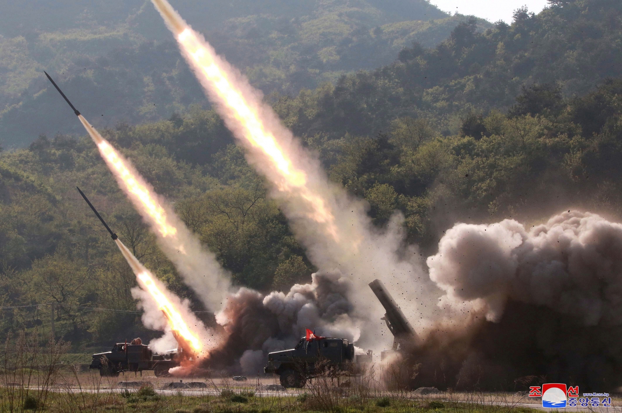 epa07559739 A photo released by the official North Korean Central News Agency (KCNA) shows missles being fired during a strike drill of military units at an undisclosed location in North Korea, 09 May 2019 (issued 10 May 2019).  EPA/KCNA   EDITORIAL USE ONLY NORTH KOREA DEFENSE DRILLS