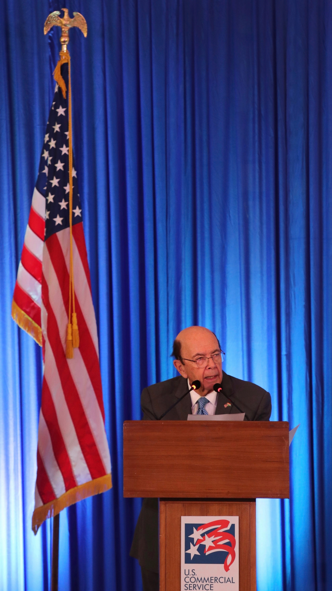 US commerce secretary Wilbur Ross speaks at the 11th Trade Winds Business Forum and Mission hosted by the US Department of Commerce, in New Delhi, India, Tuesday, May 7, 2019. Top executives of more than 100 U.S. companies are visiting India to meet with government leaders, market experts and potential business partners to boost reciprocal trade.(AP Photo/Manish Swarup) India US Trade