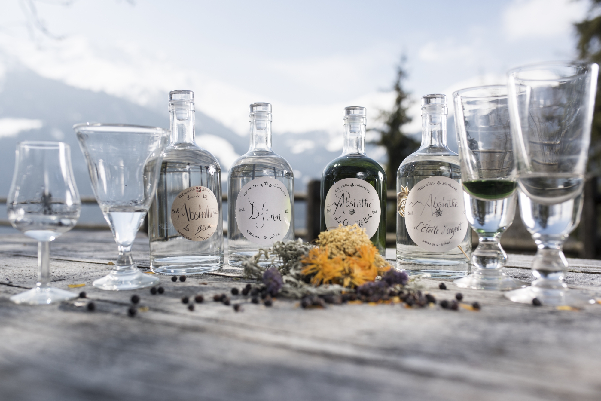 Trois absinthes et un gin floral prennent la pose parmi les calendula, sureau, hysope et genévrier.