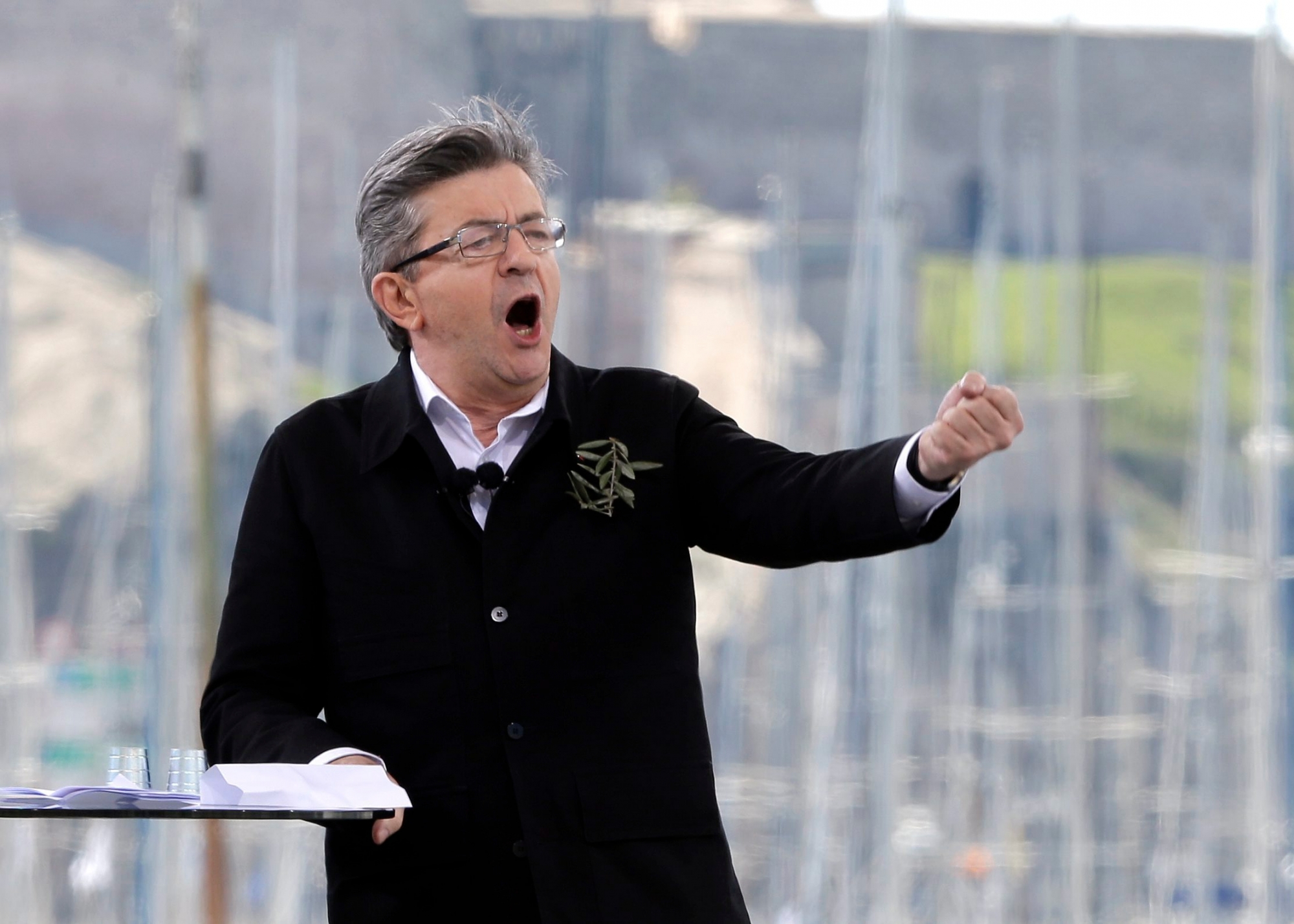 French hard-left presidential candidate, Jean-Luc Melenchon, speaks during a campaign rally in Marseille's Old Port, southern France, Sunday, April 9, 2017. The two-round presidential election is set for April 23 and May 7. (AP Photo/Claude Paris) FRANKREICH WAHLEN PRAESIDENT MELENCHON