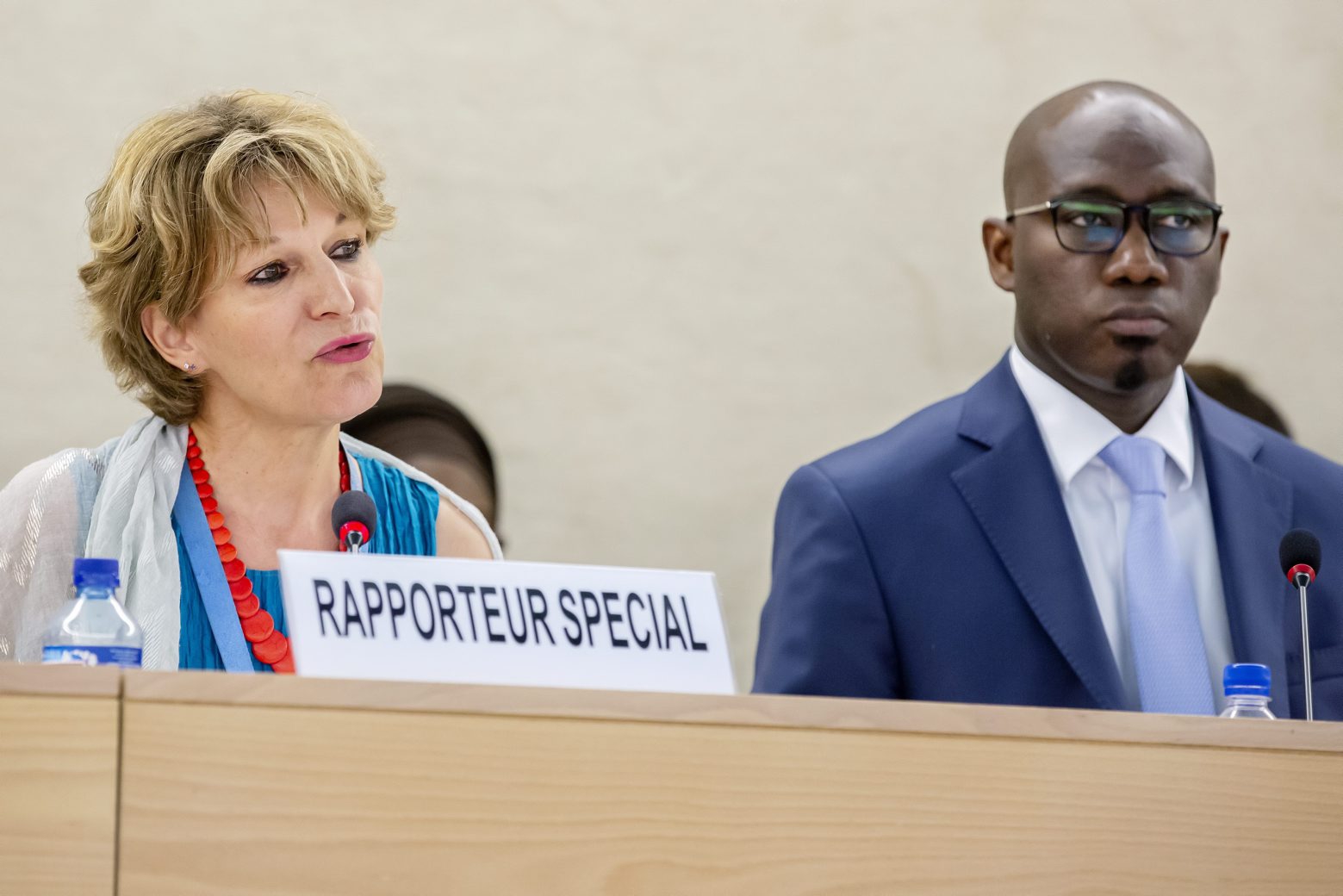 Agnes Callamard, left, UN Special Rapporteur on extrajudicial, summary and arbitrary executions, next to Coly Seck, President of the Human Rights Council, while presenting the main findings of the inquiry into the killing of Saudi journalist Jamal Khashoggi, during the 41th session of the Human Rights Council, at the European headquarters of the United Nations in Geneva, Switzerland, on Wednesday, June 26, 2019. (KEYSTONE/Magali Girardin) SWITZERLAND UN REPORT JAMAL KHASHOGGI