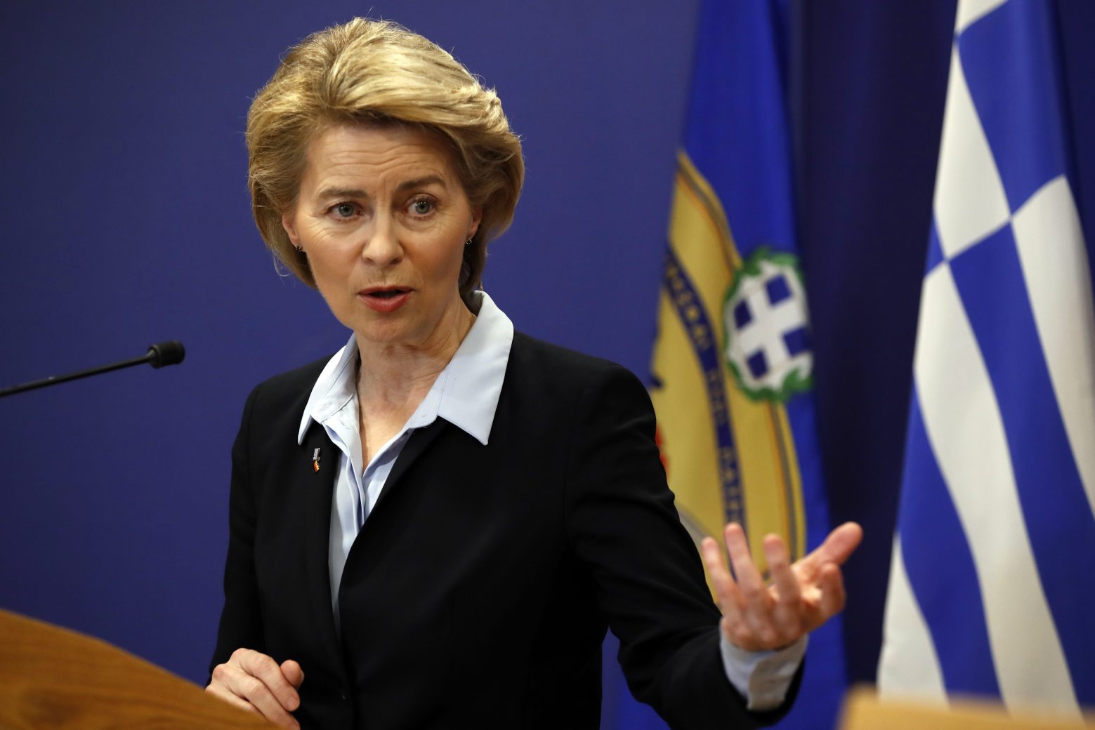 FILE - In this Tuesday, March 5, 2019 file photo, German Minister of Defense Ursula von der Leyen speaks in Athens. European Union leaders on Tuesday, July 2, 2019, after a lengthy session of talks, have nominated current German Defense Minister Ursula von der Leyen for the post of President of the European Commission. (AP Photo/Thanassis Stavrakis, File) Belgium Europe Top Jobs