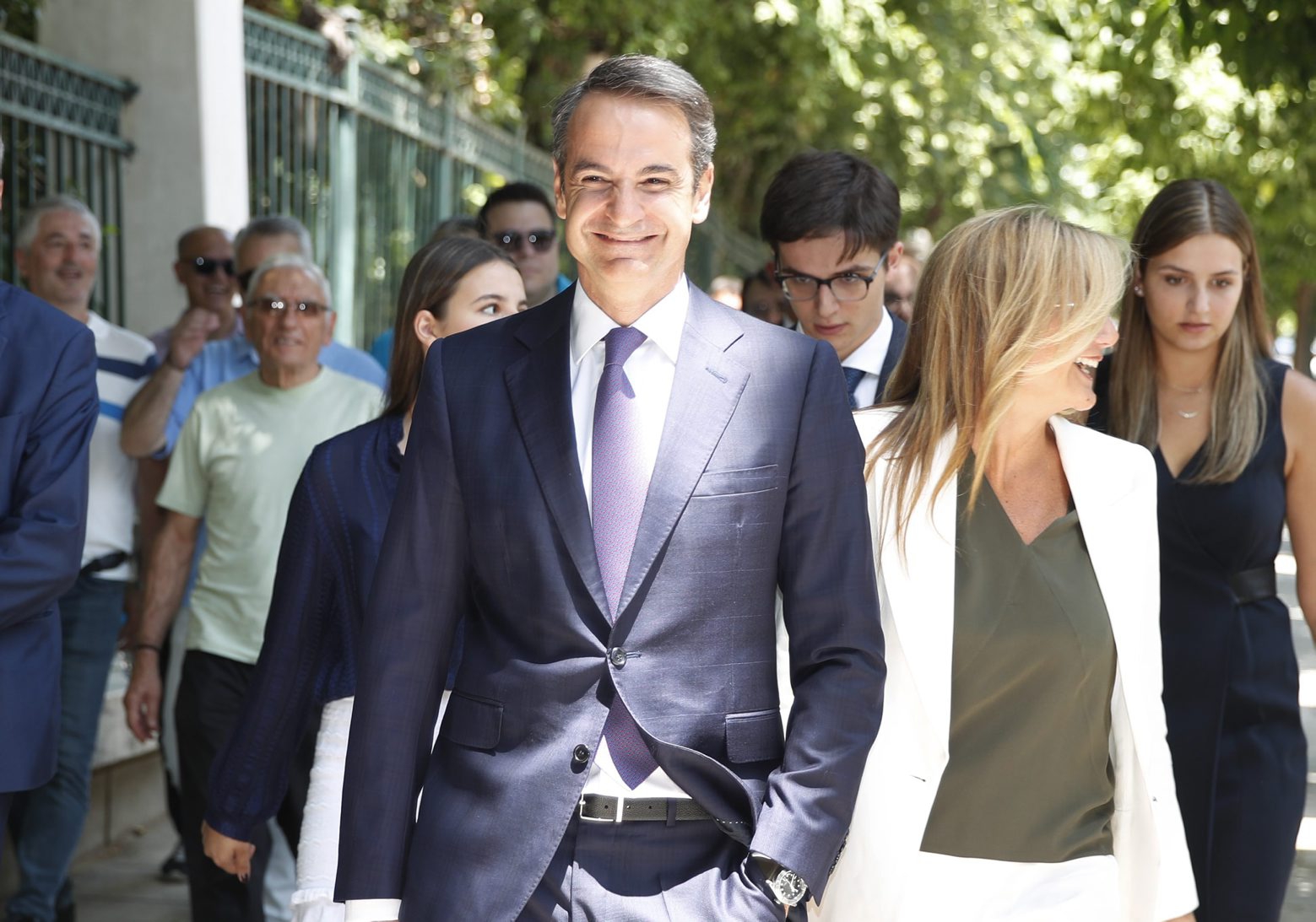 Greek opposition New Democracy conservative party leader Kyriakos Mitsotakis centre, walks with his wife Mareva, right in Athens, Monday, July 8, 2019. Mitsotakis was to be sworn in as Greece's new prime minister after a resounding win over left-wing Alexis Tsipras, who led the country through the tumultuous final years of its international bailouts. Mitsotakis' New Democracy party won 39.8% of the vote, giving him 158 seats in the 300-member parliament, a comfortable governing majority. (AP Photo/Thanassis Stavrakis)
Kyriakos Mitsotakis Greece Election