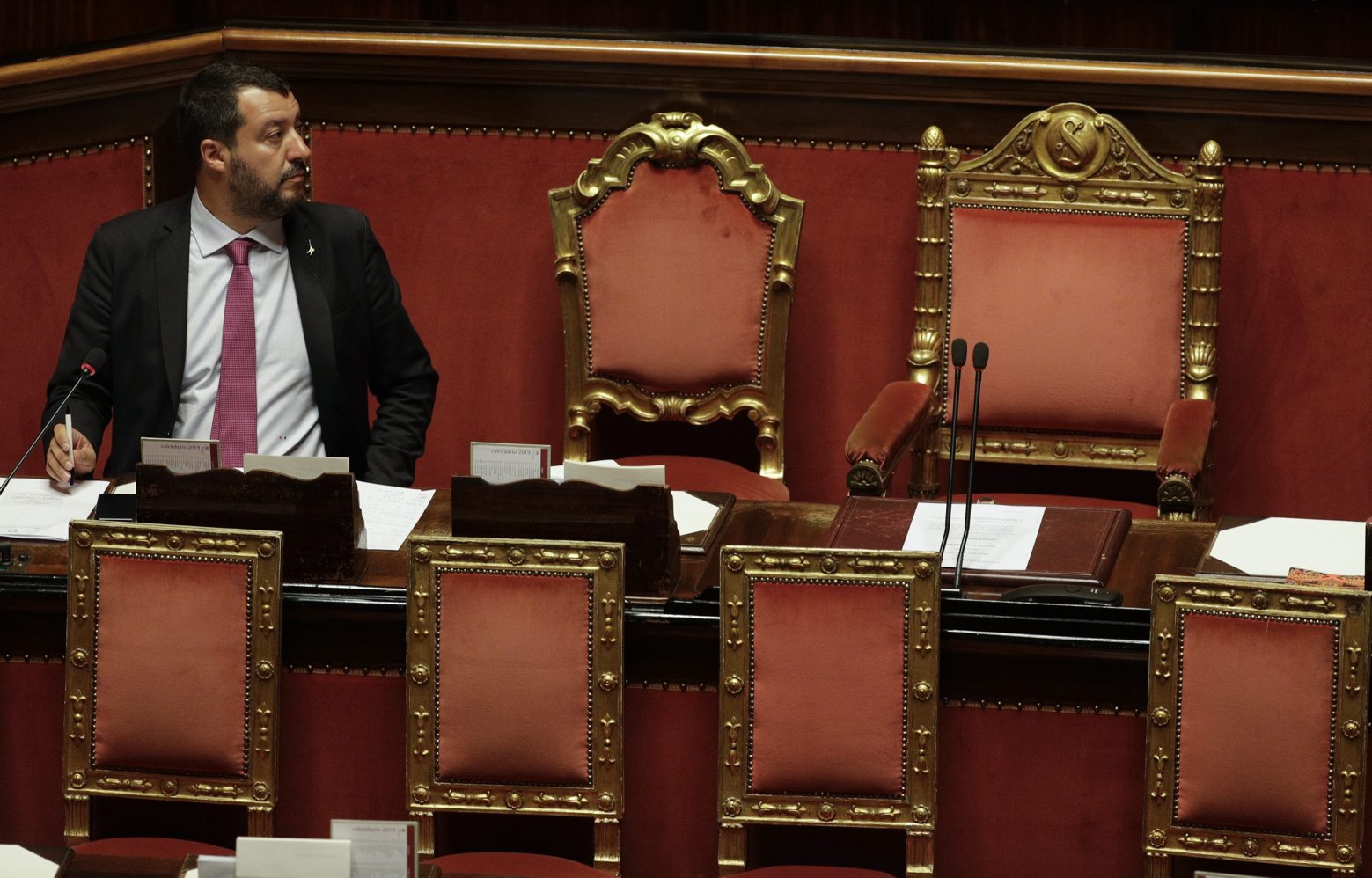 Italian Deputy-Premier and Interior Minister, Matteo Salvini, addresses the Senate in Rome, Thursday, July 11, 2019. Opposition lawmakers want to question Italian Interior Minister Matteo Salvini about allegations a Russian oil deal was devised to fund his pro-Moscow League party. Democratic Party lawmakers are demanding that a parliamentary inquiry be held. (AP Photo/Gregorio Borgia) Italy Russia League