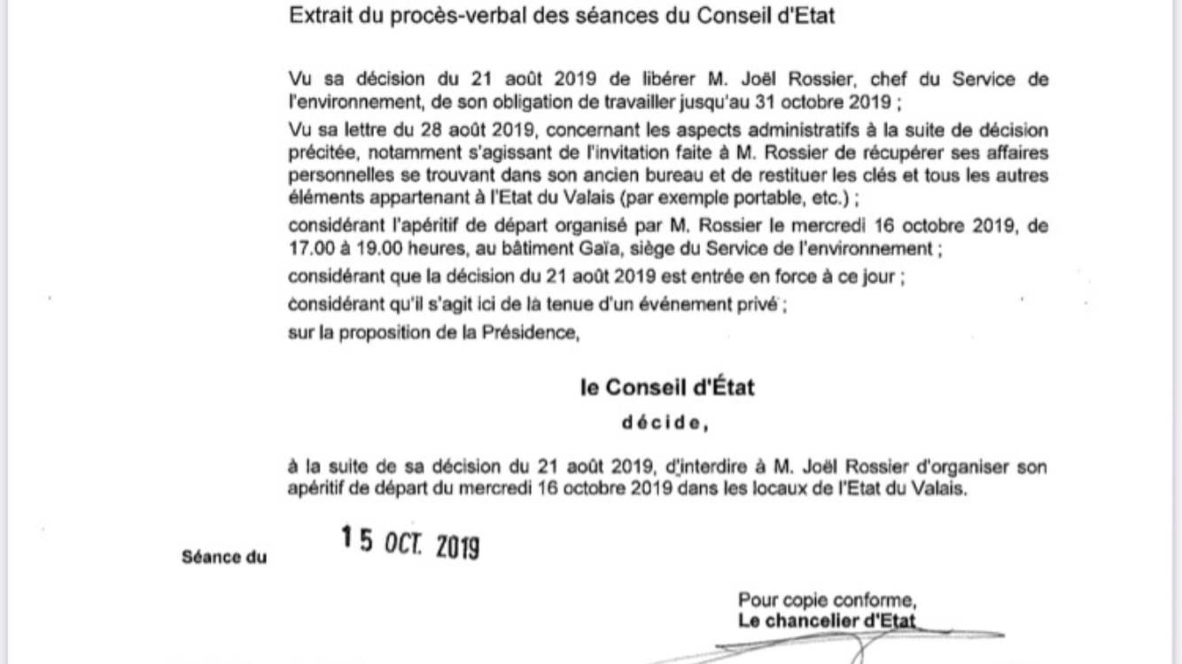 Joël Rossier - apéro de départ - décision Conseil d'Etat (c) Facebook
