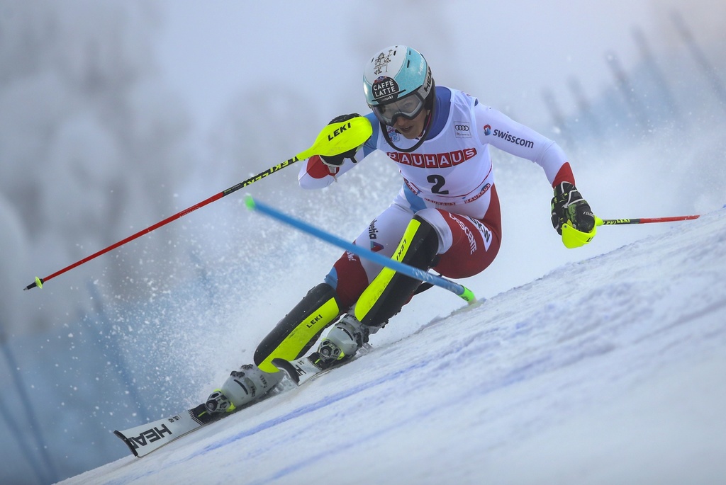 Switzerland's Wendy Holdener competes during an alpine ski, women's slalom in Levi, Finland, Saturday, Nov. 23, 2019. (AP Photo/Alessandro Trovati)