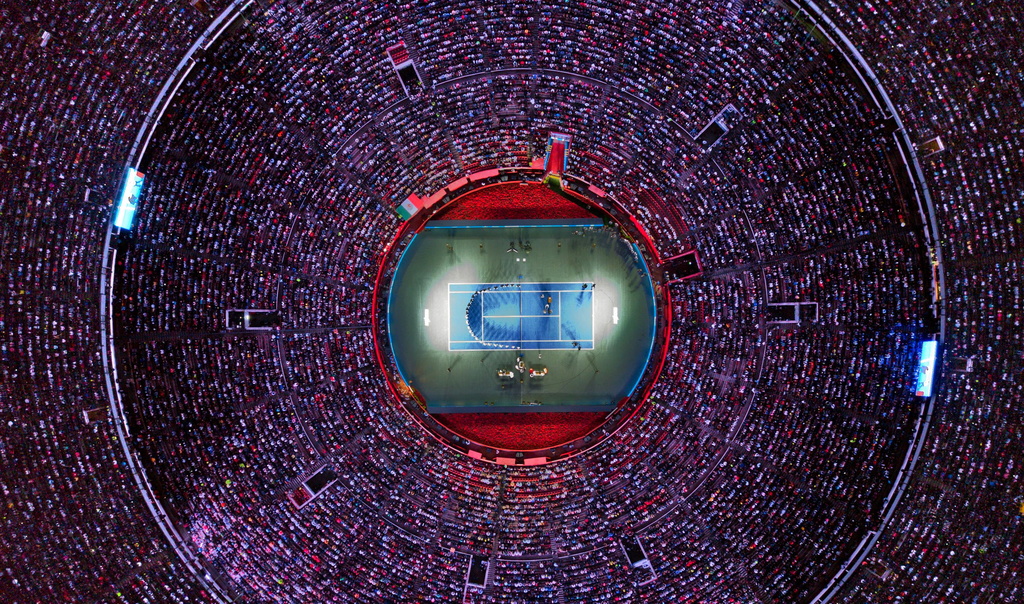 epa08021083 A photo photo taken with a drone shows an aerial view of the Mexico Bullring during a tennis exhibition match between Swiss tennis player Roger Federer and German tennis player Alexander Zvererv in Mexico City, Mexico, 23 November 2019. EPA/MADLA HARTZ