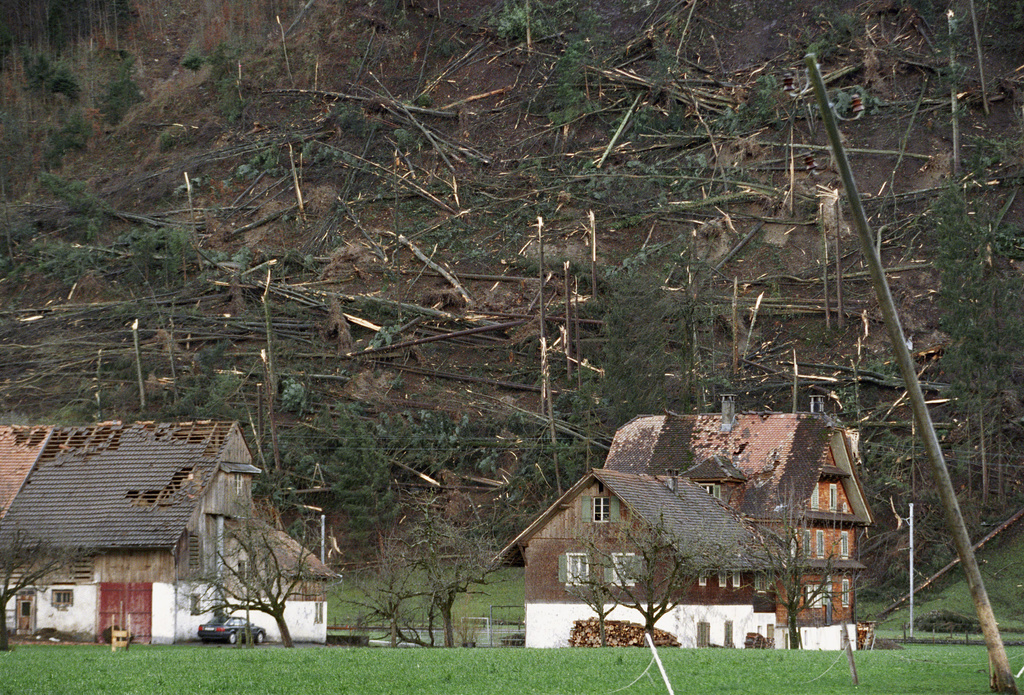 De vastes zones forestières et des bâtiments ont été dévastés ce 26 décembre 1999, comme ici dans l’Engelbergertal.