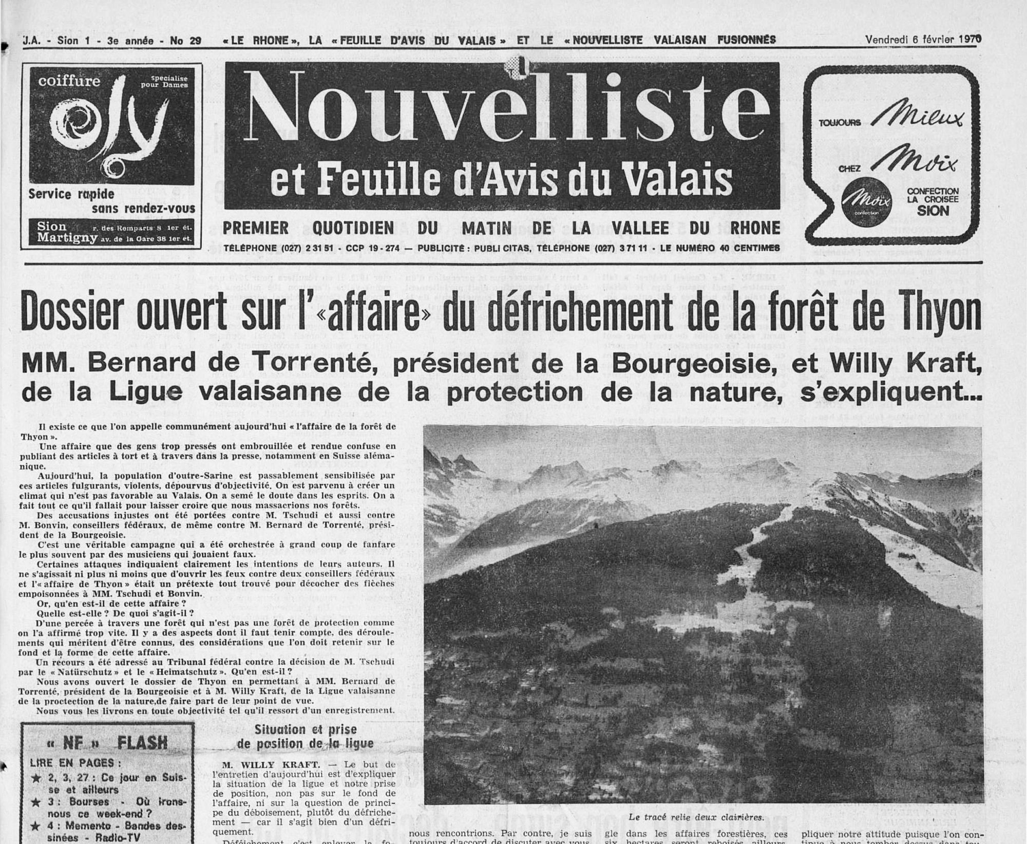 "L'affaire de la forêt de Thyon" fait la une du Nouvelliste du 6 février 1970.