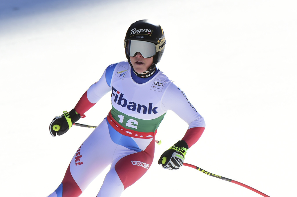 Switzerland's Lara Gut-Behrami arrives at the finish area during an alpine ski, women's World Cup downhill, in Bansko, Bulgaria, Saturday, Jan. 25, 2020. (AP Photo/Marco Tacca)