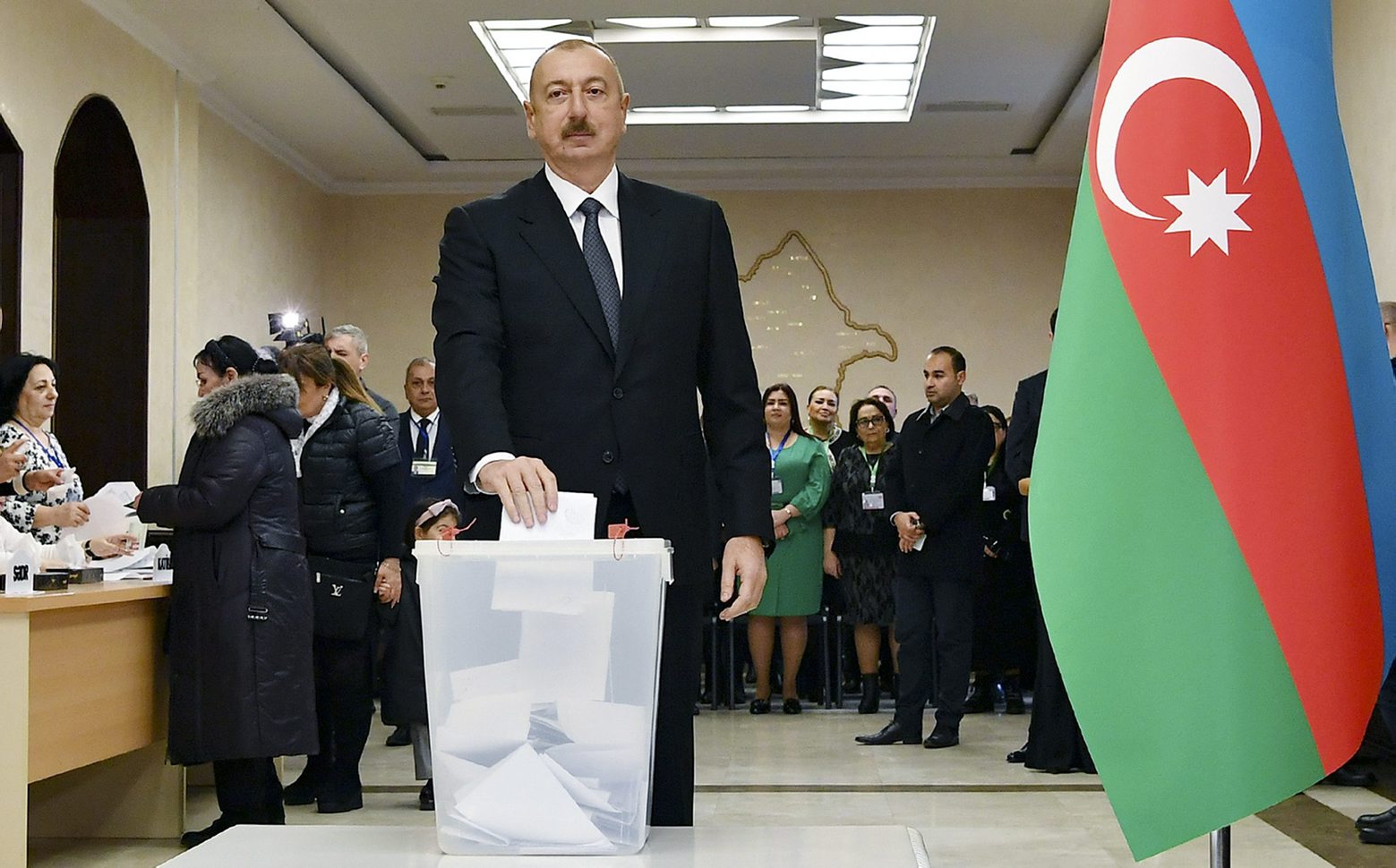 Azerbaijan President Ilham Aliyev casts his ballot at a polling station during parliamentary elections in Baku, Azerbaijan, Sunday, Feb. 9, 2020. Snap parliamentary elections are held in Azerbaijan after Aliyev dissolved parliament in December. Many opposition parties say they didn't have time to prepare for the campaign and have decided to boycott the elections. (Azerbaijan Presidential Press Office via AP)
Ilham Aliyev Azerbaijan Election