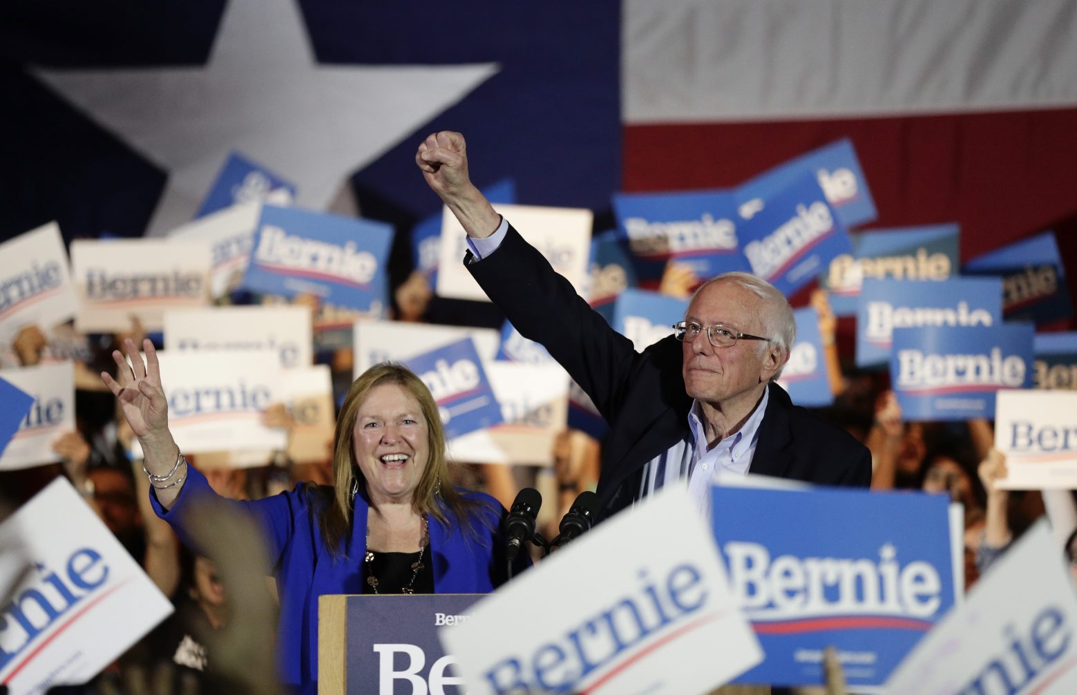 Democratic presidential candidate Sen. Bernie Sanders, I-Vt., right, with his wife Jane, raises his hand as he speaks during a campaign event in San Antonio, Saturday, Feb. 22, 2020. (AP Photo/Eric Gay)
Bernie Sanders,Jane Sanders Election 2020 Bernie Sanders