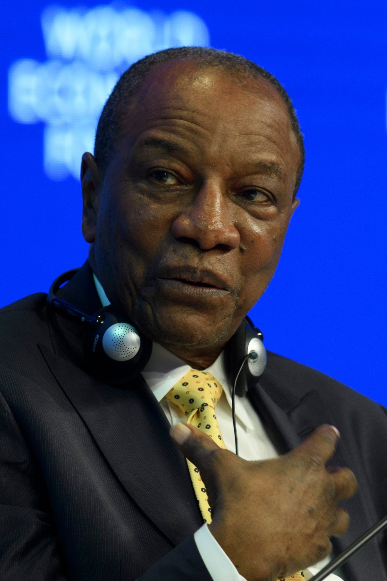 Alpha Conde, President of Guinea, speaks during a plenary session in the Congress Hall at the 47th annual meeting of the World Economic Forum, WEF, in Davos, Switzerland, Thursday, January 19, 2017. The meeting brings together enterpreneurs, scientists, chief executive and political leaders in Davos January 17 to 20. (KEYSTONE/Gian Ehrenzeller) SWITZERLAND WEF 2017 DAVOS
