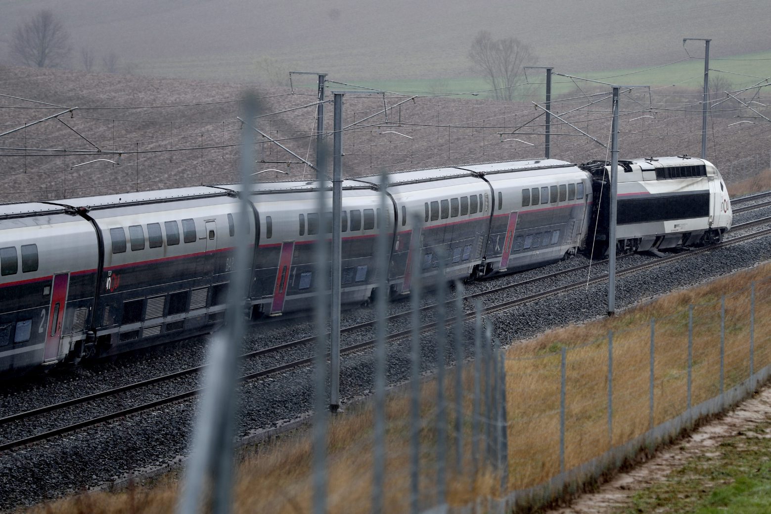 The high-speed TGV train is pictured after it has derailed on a trip to Paris, in Ingenheim, near Strasbourg, eastern France, Thursday, March 5, 2020. The train driver was seriously injured but managed to slam on the emergency brakes and bring the train to a halt. It was the first derailment on a high-speed TGV train in nearly 40 years of commercial service. (AP Photo/Jean-Francois Badias) France Train Derails