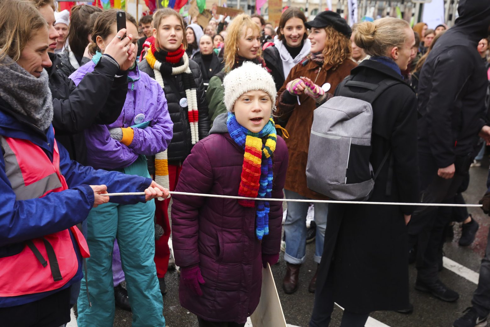 Swedish climate activist Greta Thunberg, centre, marches with others during a climate change protest in Brussels, Friday, March 6, 2020. (AP Photo/Olivier Matthys)
Greta Thunberg Belgium Europe Climate