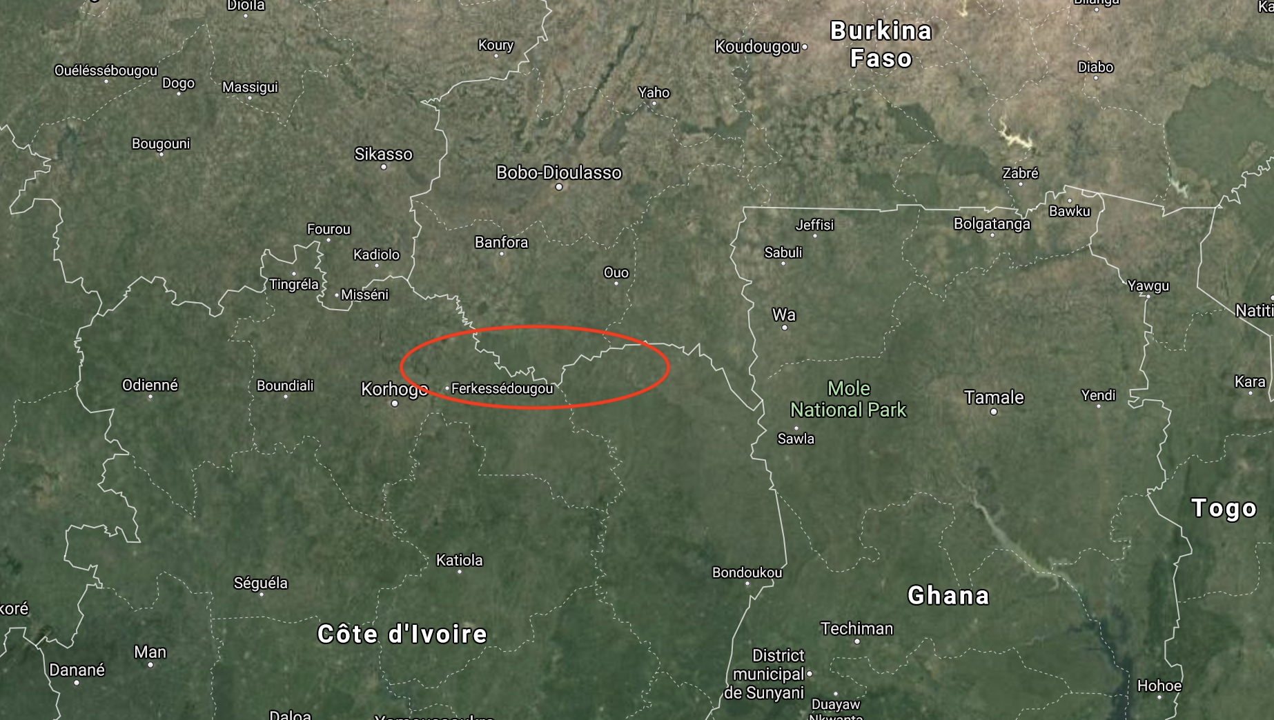 C'est dans la zone surlignée en rouge qu'a lieu l'opération militaire conjointe du Burkina Faso et de la Côte d'Ivoire, afin de débusquer les cellules terroristes actives dans la région.