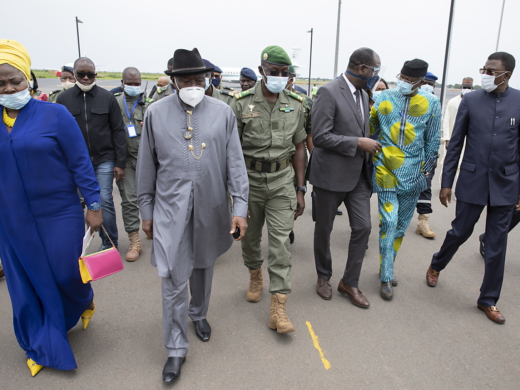 Les parties ont pu s'entendre sur certains points mais pas sur l'ensemble de la discussion, selon le chef de la délégation ouest-africaine, l'ex-président nigérian Goodluck Jonathan (en gris sur la photo).